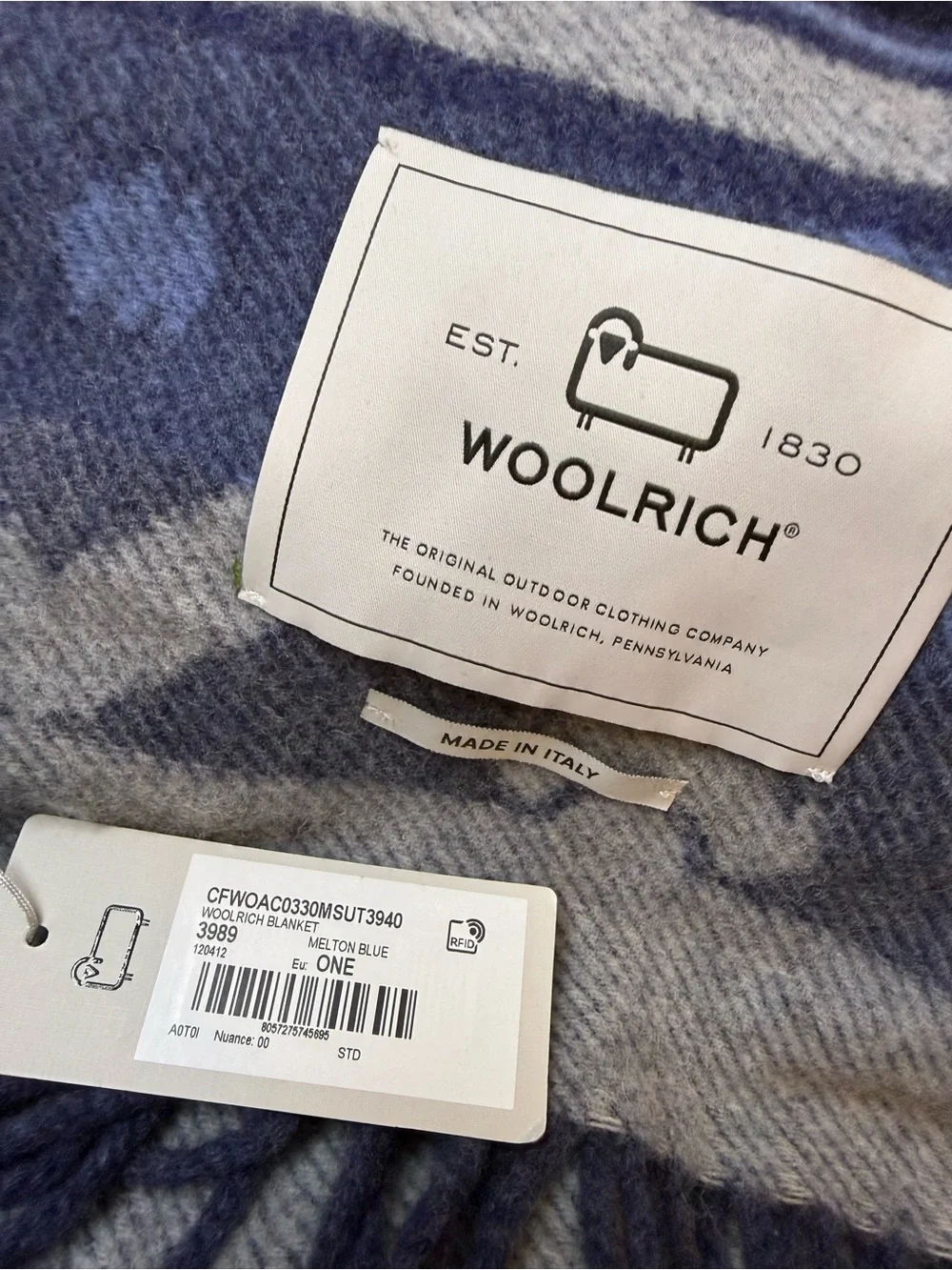 Woolrich Blue and Gray Geometric Wool Throw with Fringe